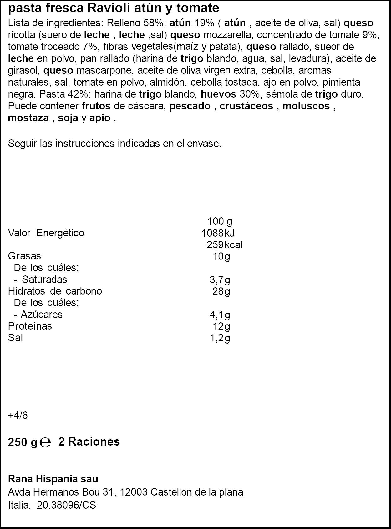 Ravioli atun/tomate Rana 250g