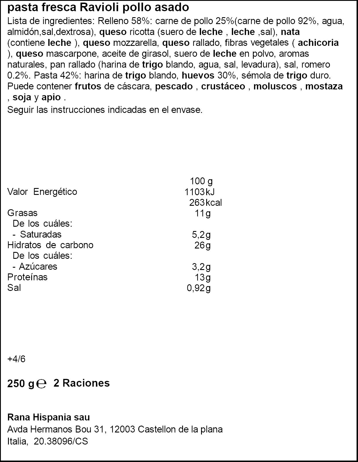 Ravioli pollo asado Rana 250g