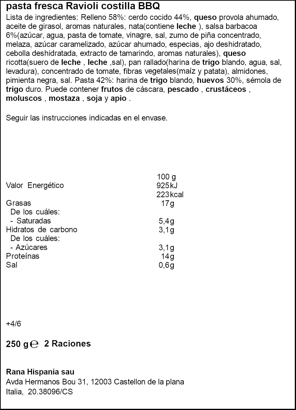 Ravioli costillas bbq Rana 250g