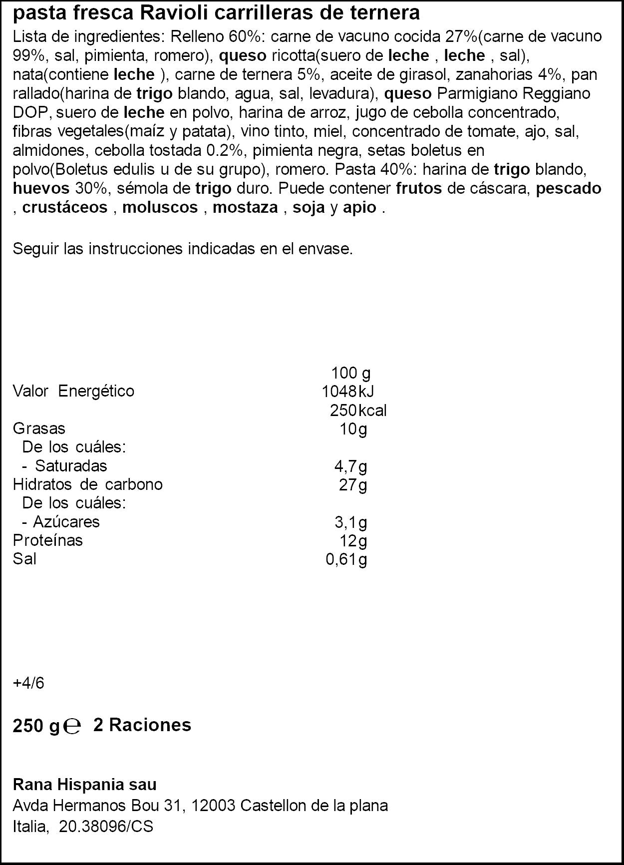 Ravioli carrillera ternera Rana 250g
