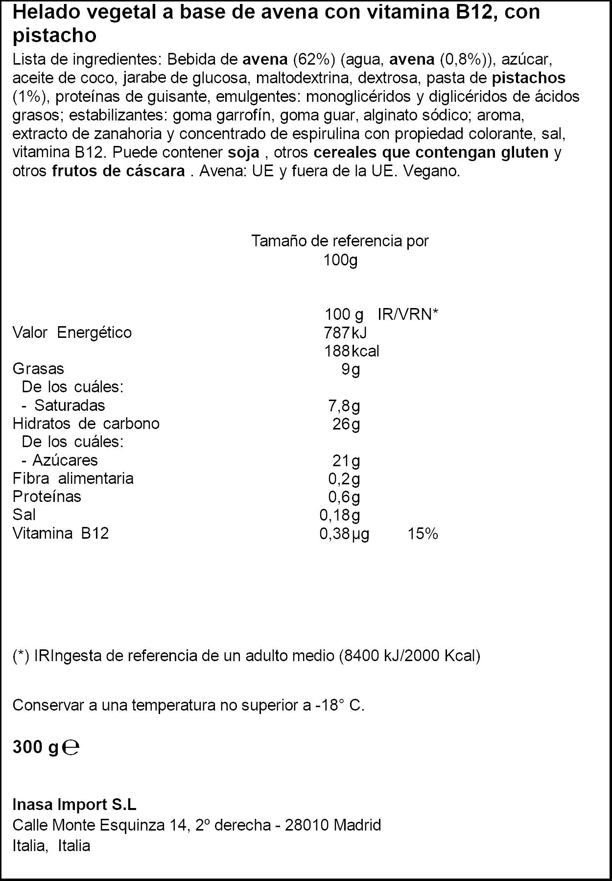 Tarrina pistacho de avena Valsoia 300g