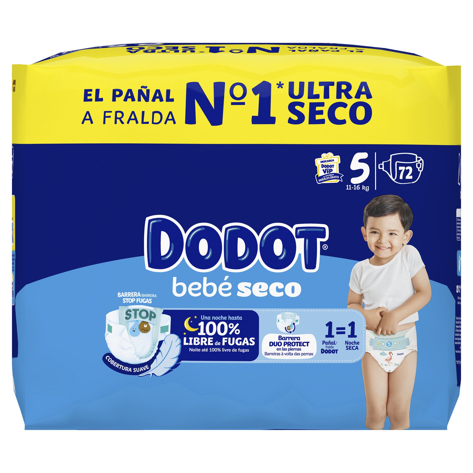 Pañal bebé seco t5 11-16kg Dodot 72u
