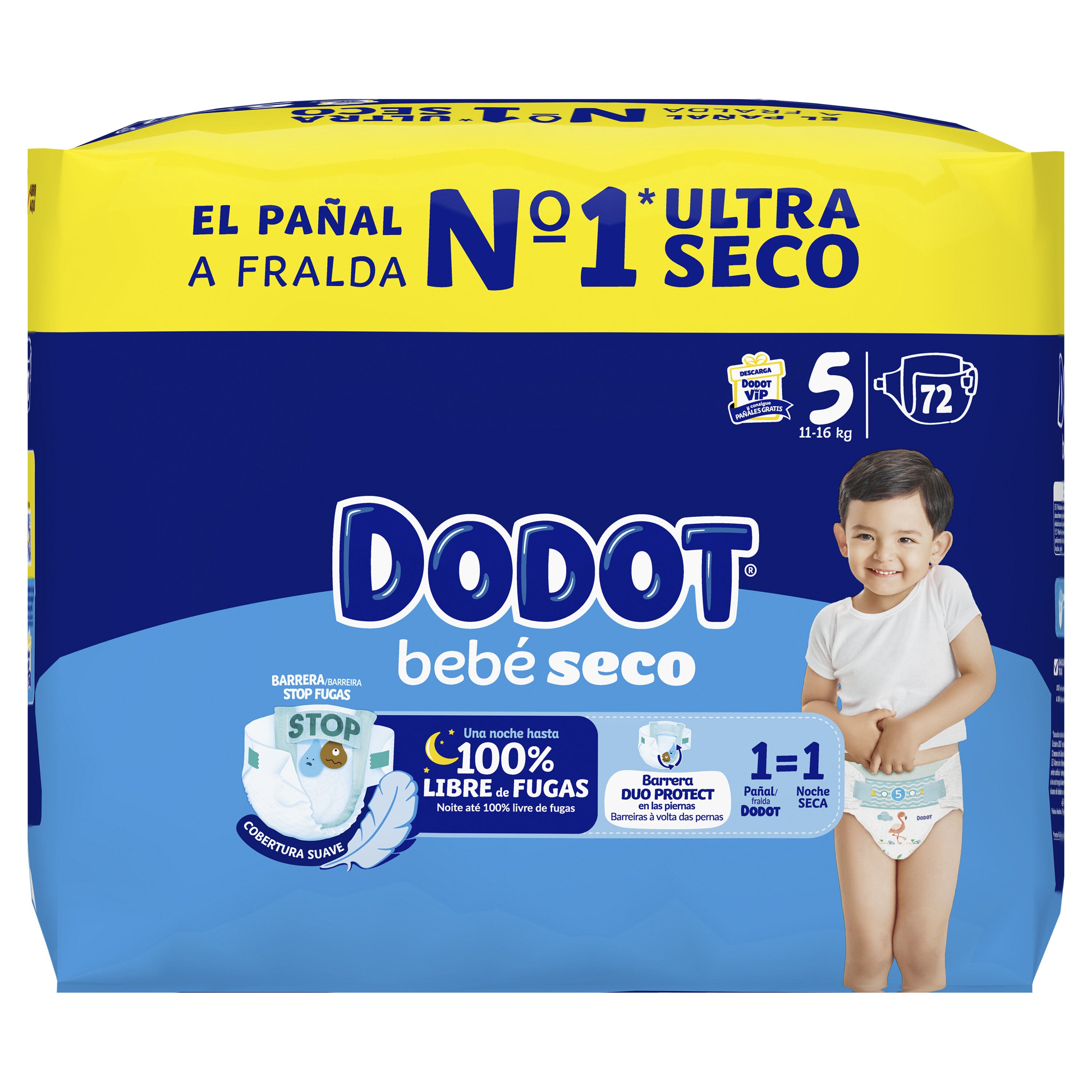 Pañal bebé seco t5 11-16kg Dodot 72u