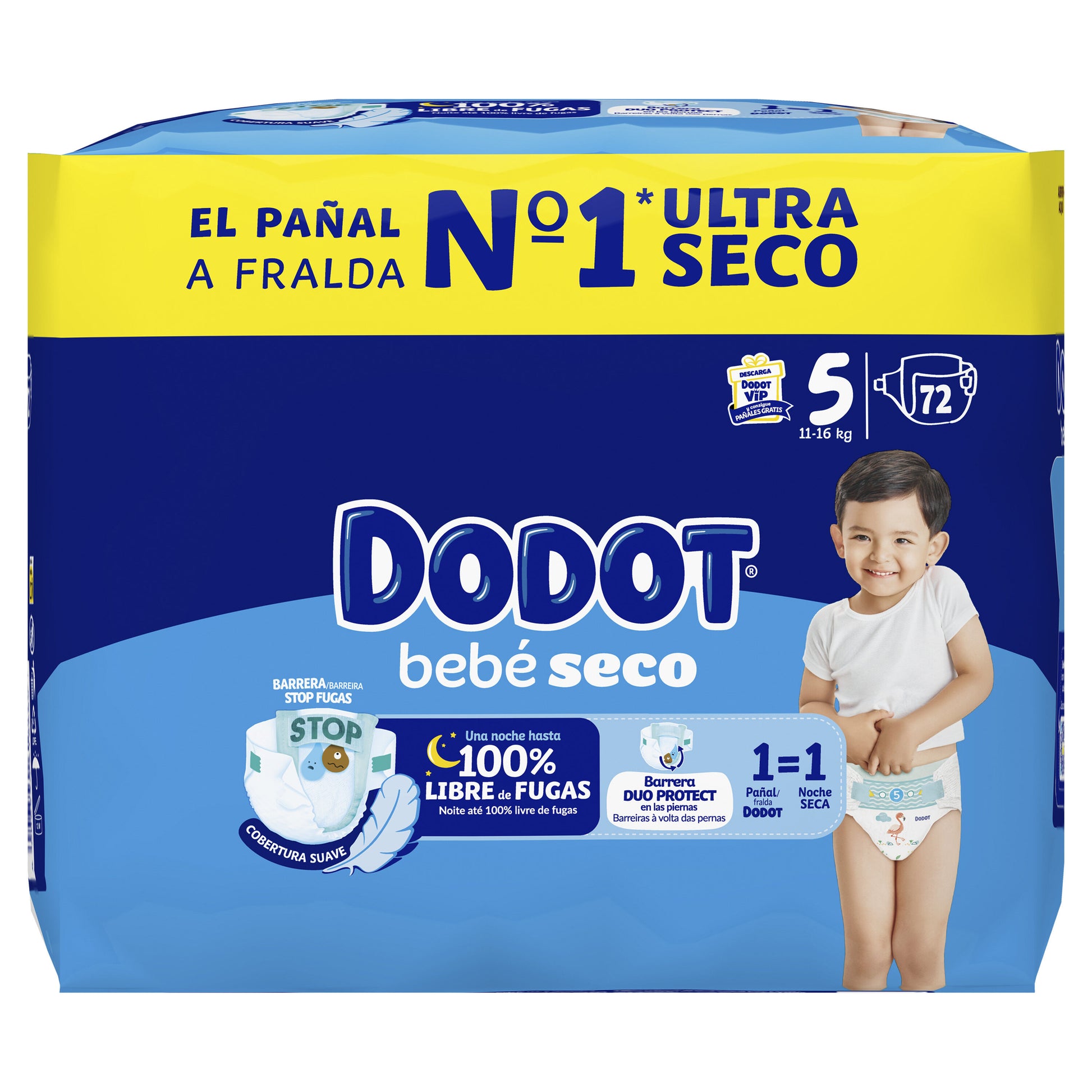 Pañal bebé seco t5 11-16kg Dodot 72u