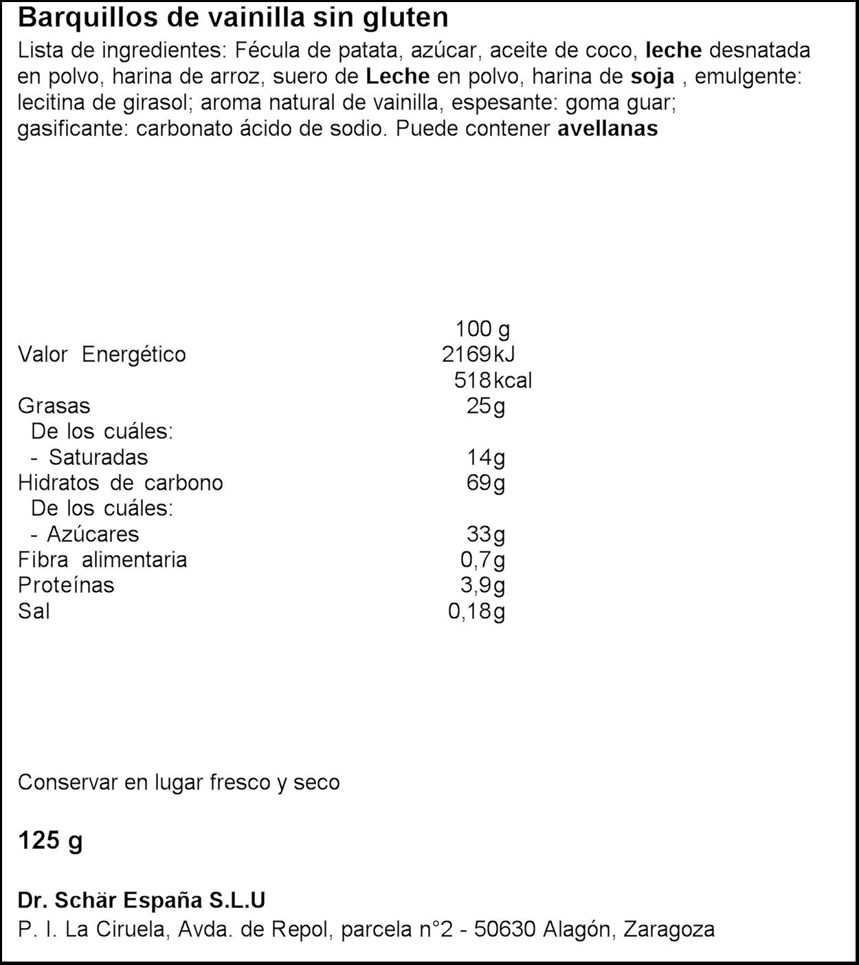 Barquillo vainilla s/gluten Schär 125g
