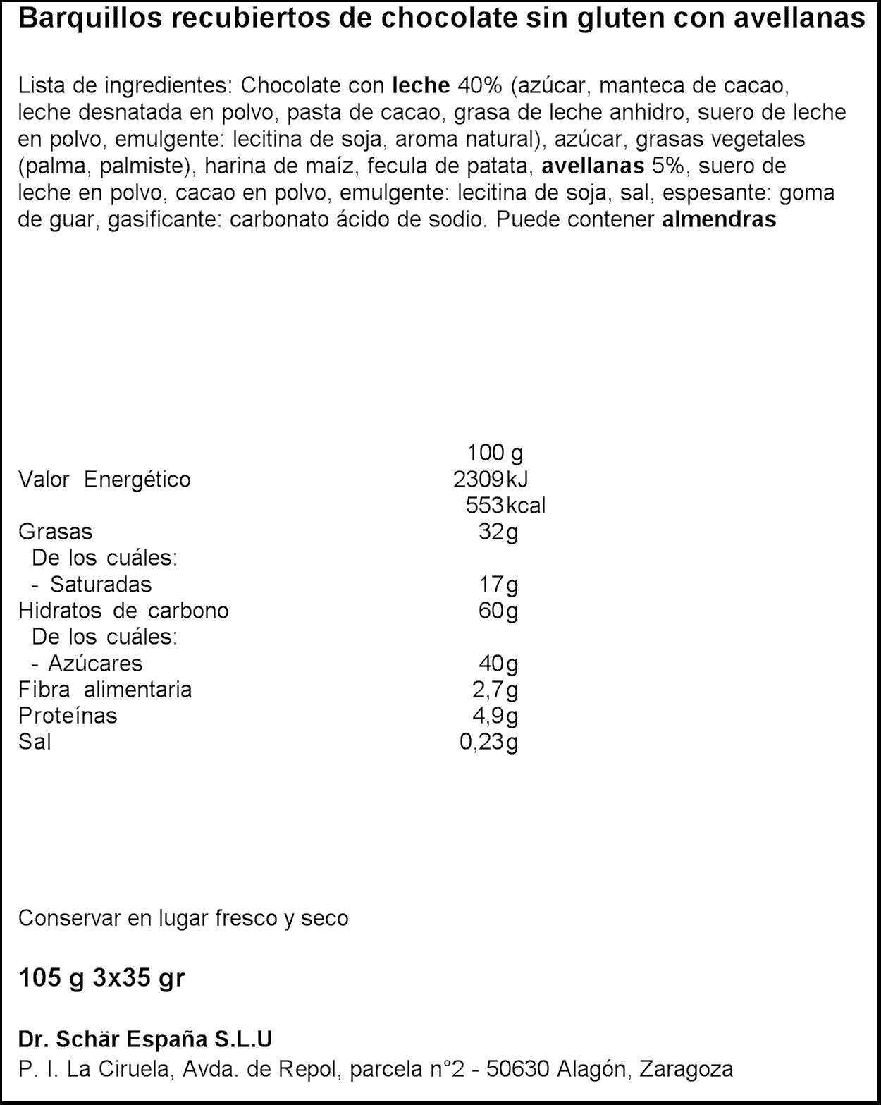 Galleta barquillo chocolate s/gluten Schär 105g