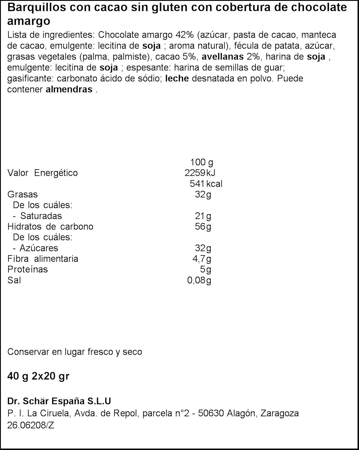 Cuadradito chocolate s/ gluten Schär 40g