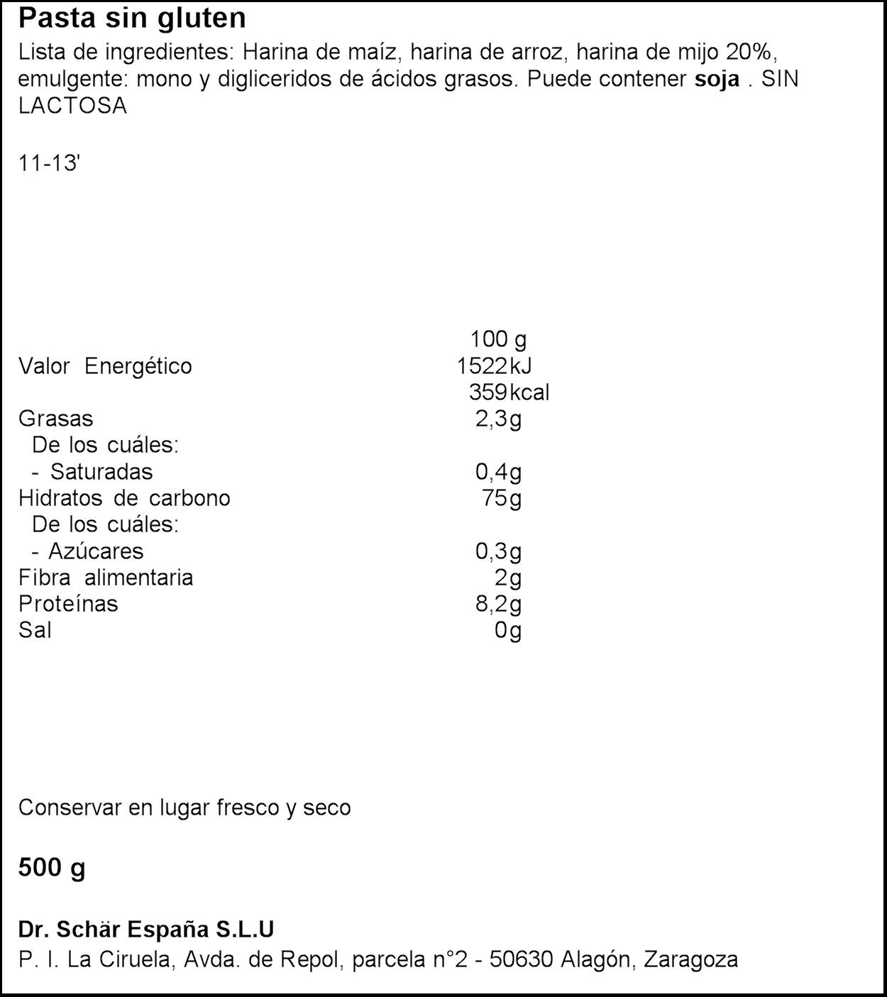 Macarrones s/gluten Schär 500g