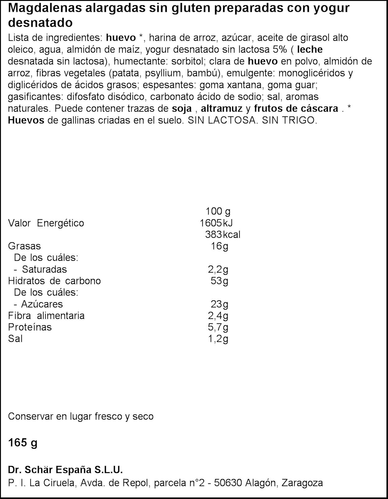 Valencianas s/gluten yogo cake Schär 165g