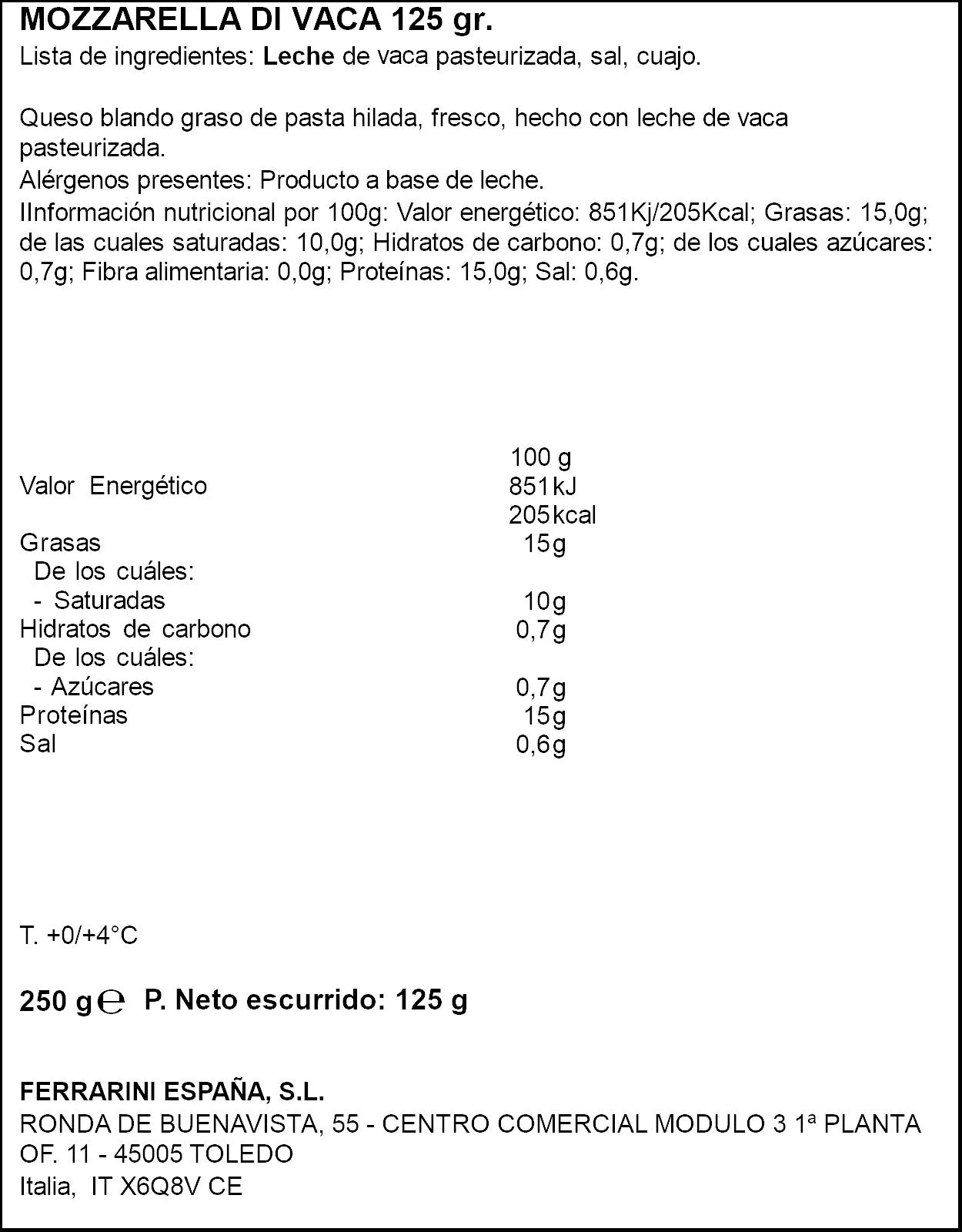 Mozzarella de vaca Ferranini 125gr