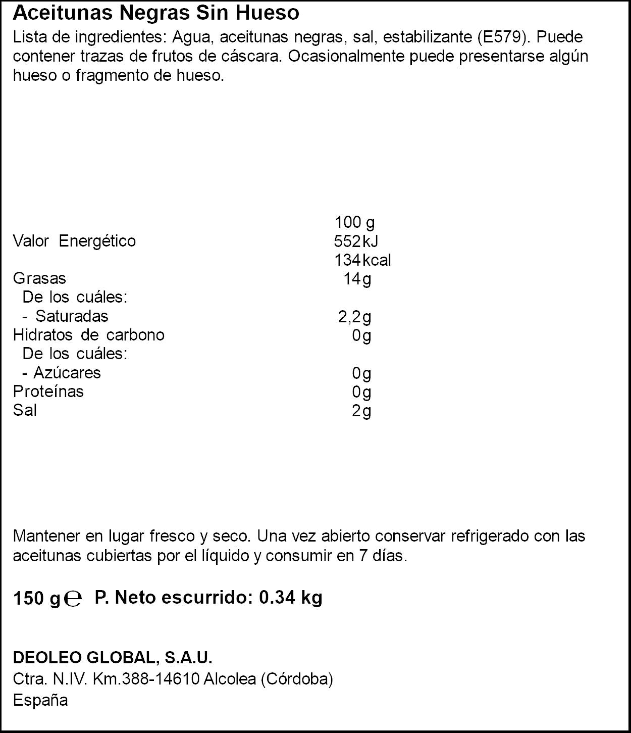 Aceitunas negras sin hueso perlas lata Carbonell 150g escurr
