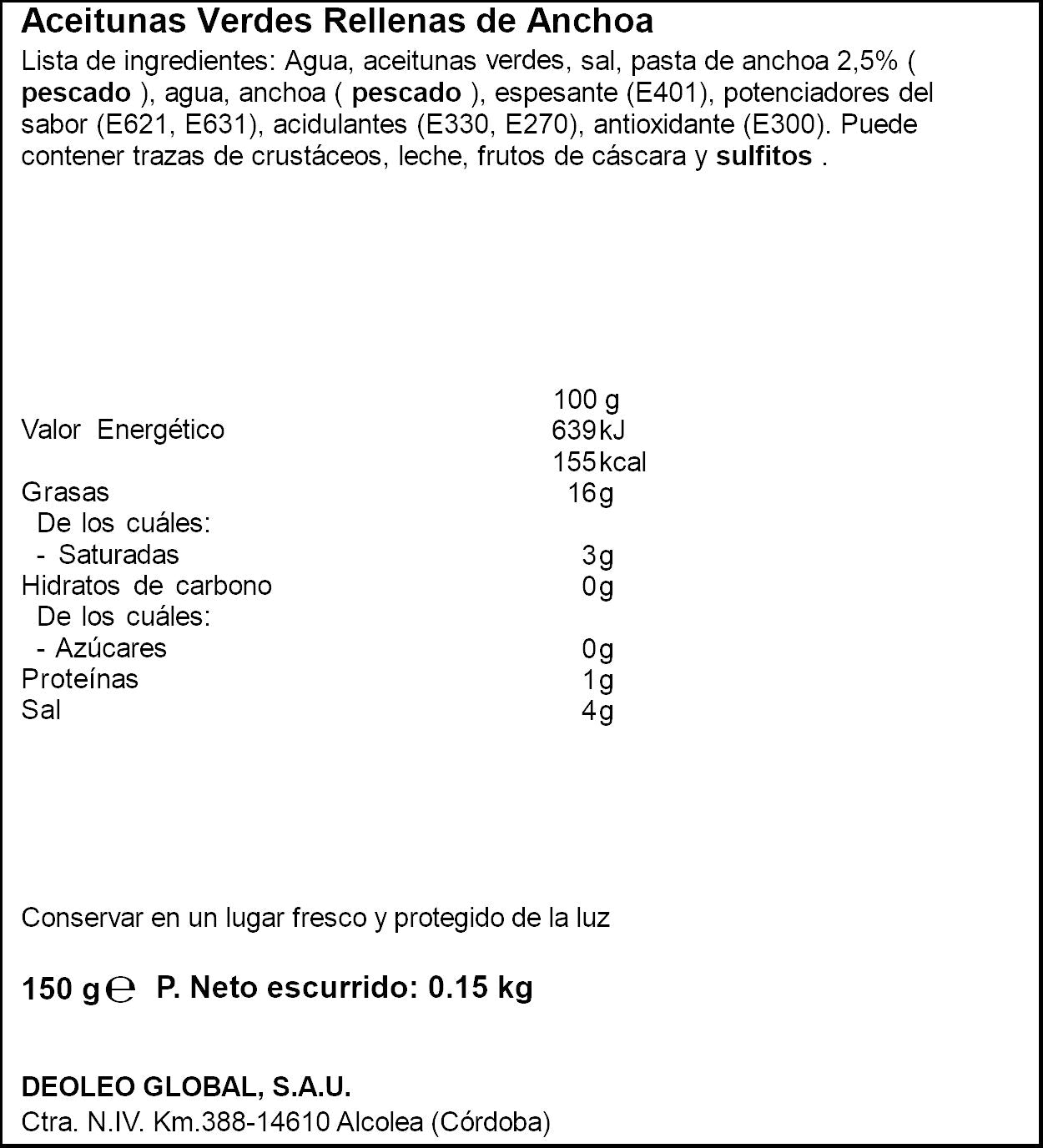 Aceitunas verdes rellenas anchoa lata Carbonell 150g escurr