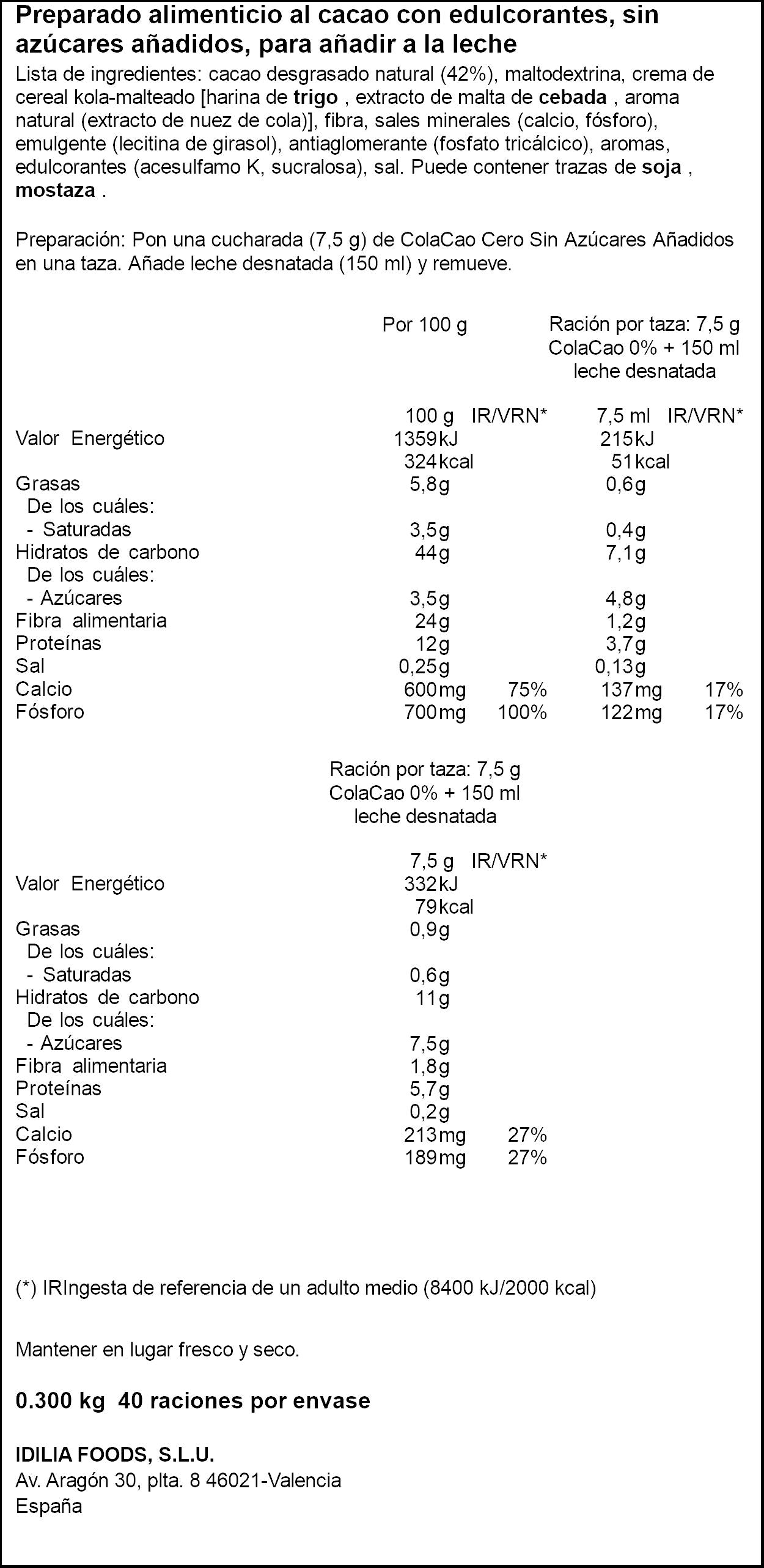 Cacao soluble 0% s/azúcar Colacao 325g