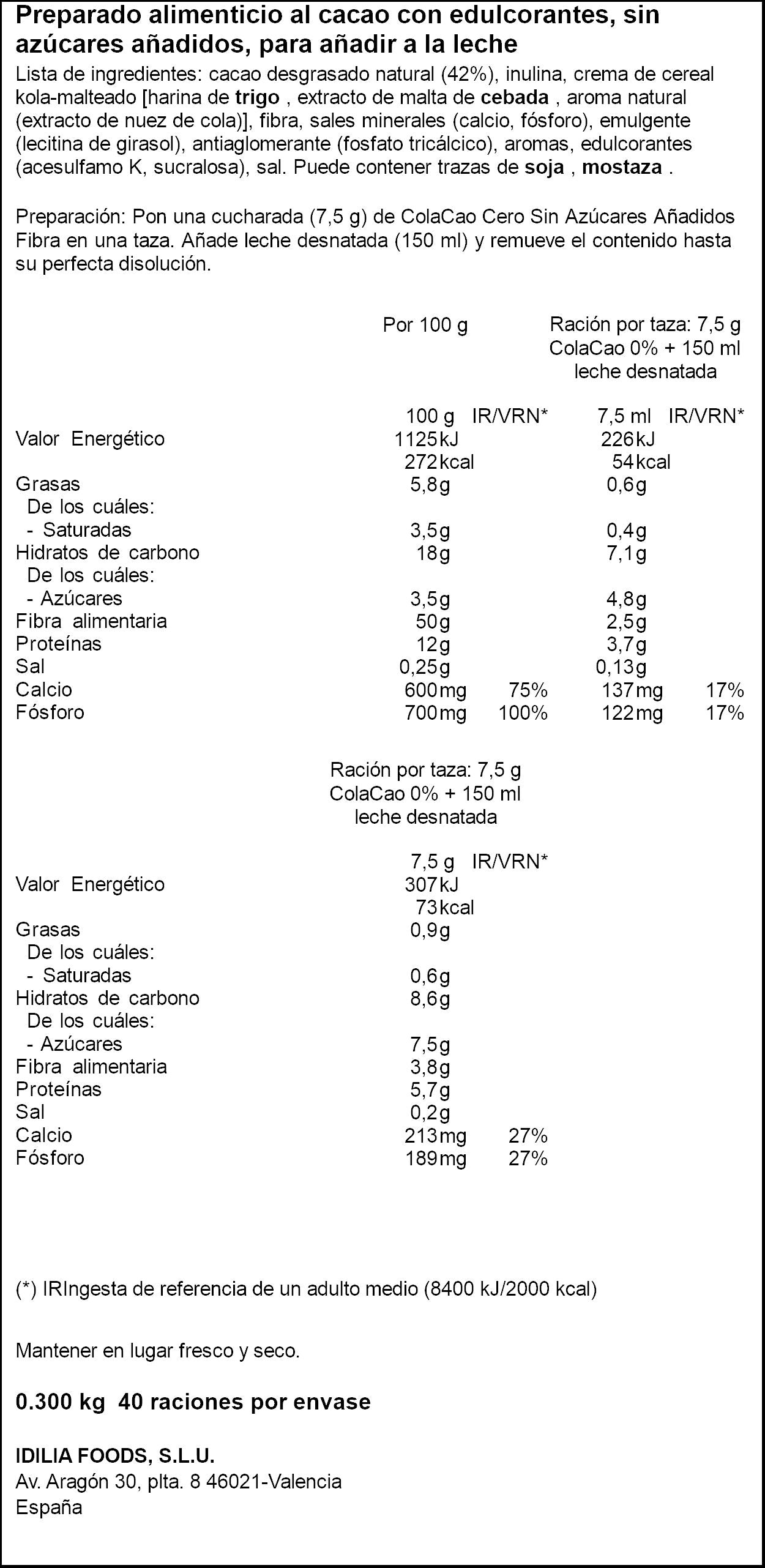 Cacao soluble 0% s/azúcar fibra Colacao 300g