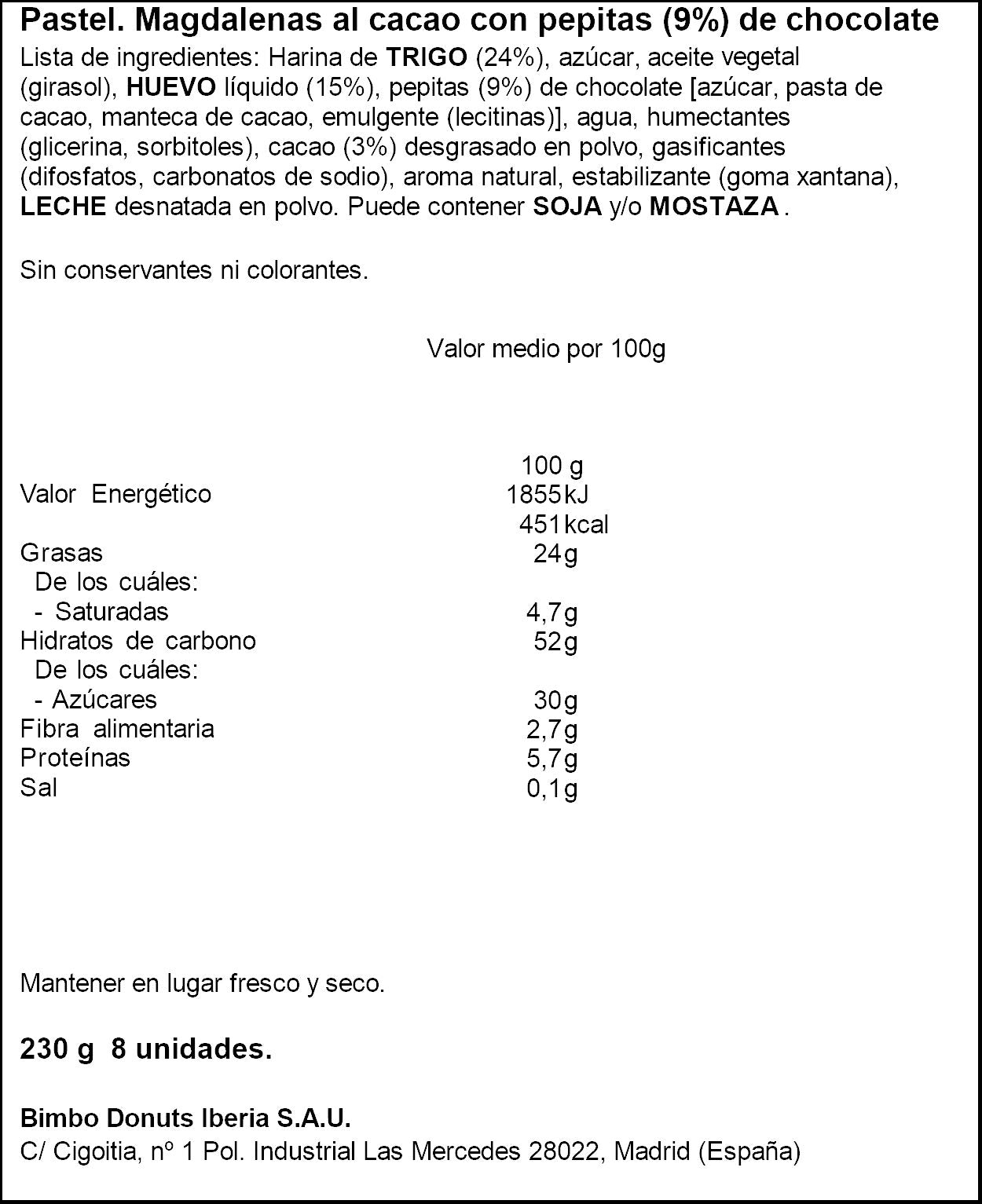 Magdalena pepitas chocolate Bella easo 230g