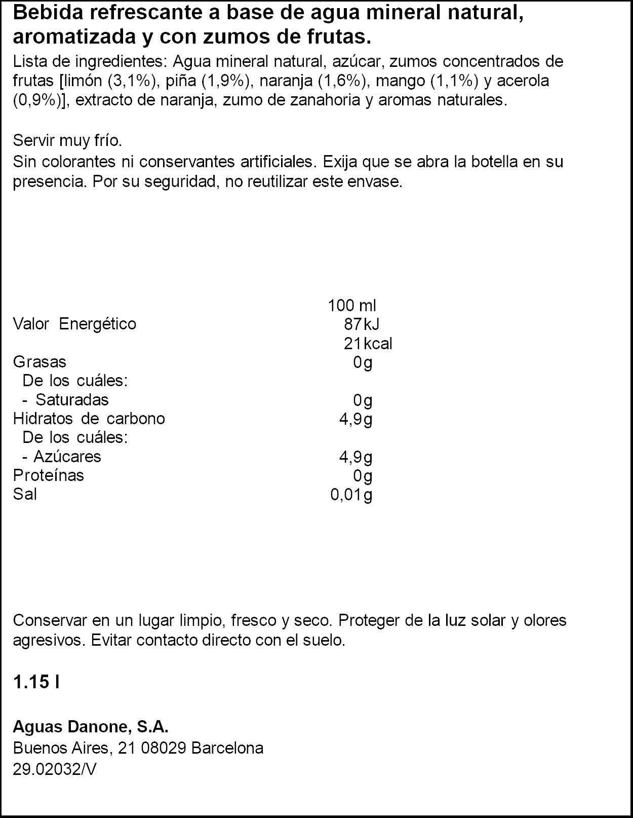 Agua mineral c/zumo tropical Font vella 1.15l
