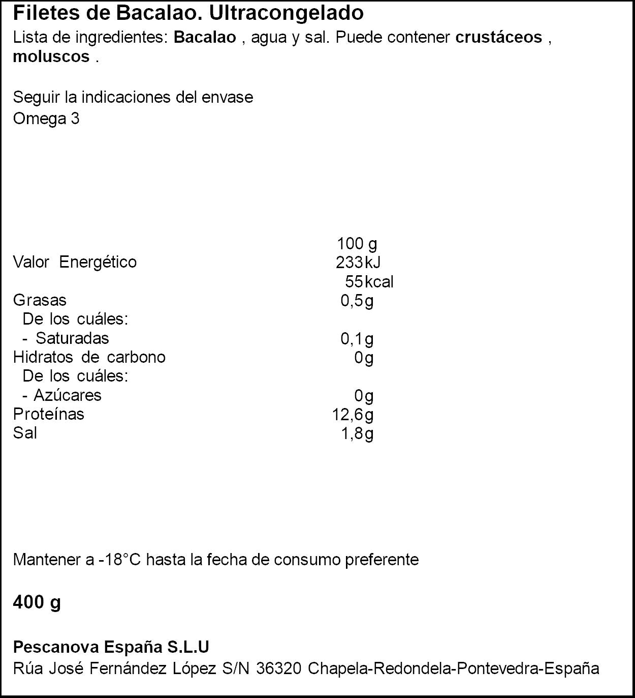 Filete bacalao  Pescanova 400g