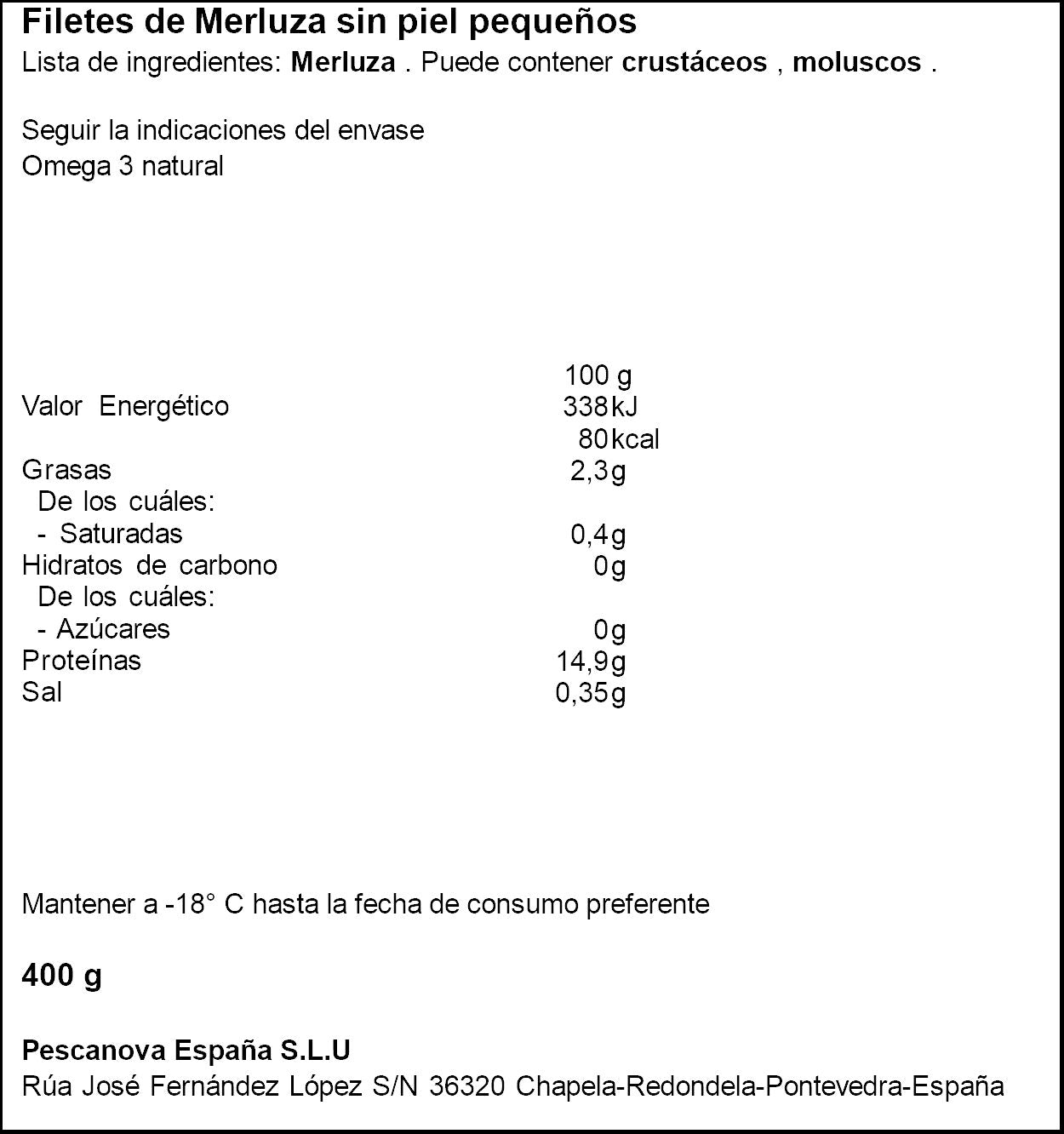 Filete merluza s/piel baby Pescanova 400g