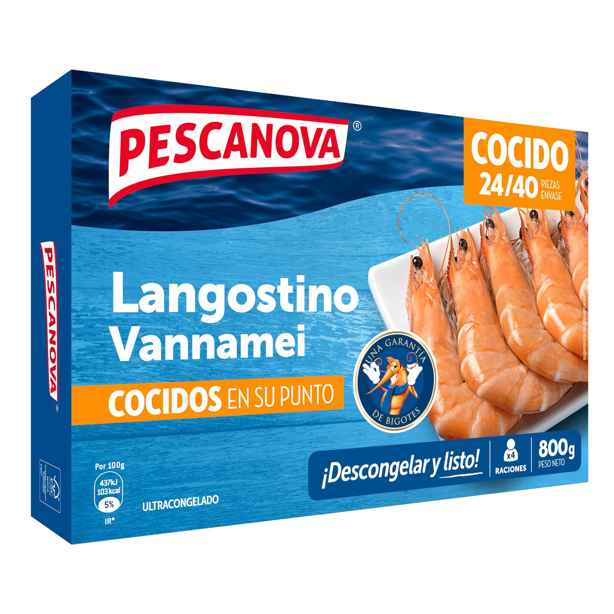 Langostino cocido vanamei 24/40 estuche Pescanova 800g
