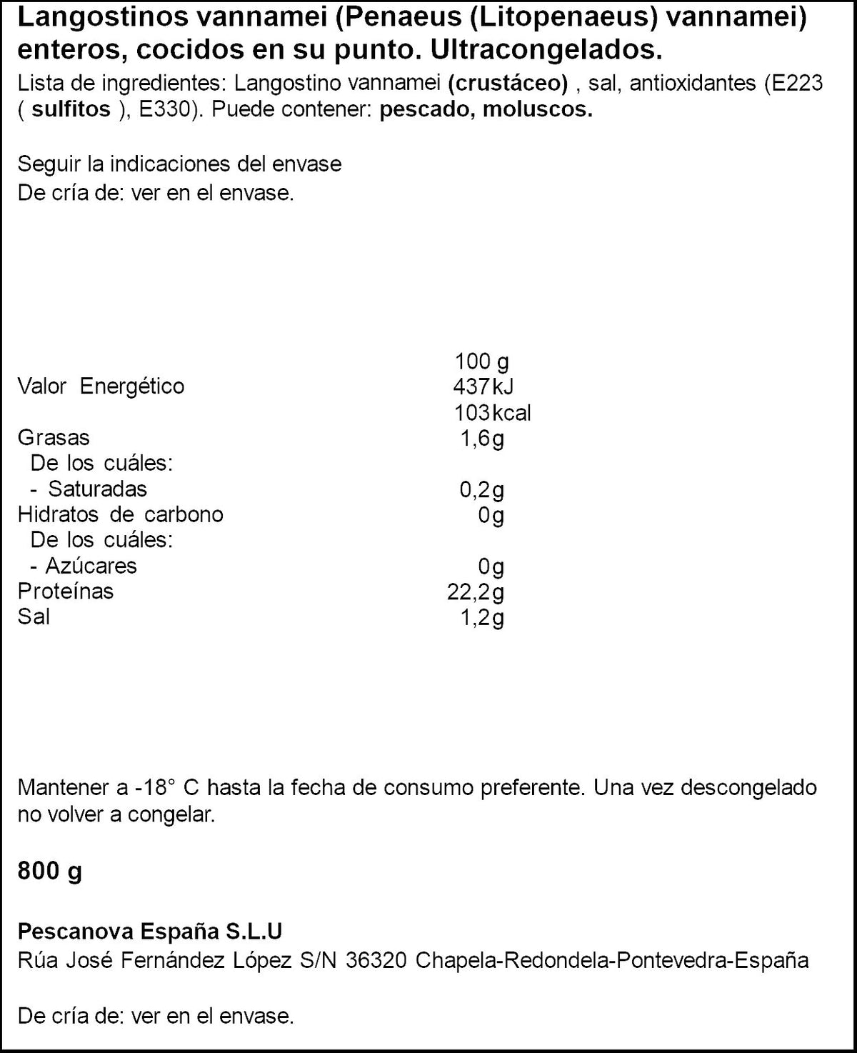 Langostino cocido vanamei 24/40 estuche Pescanova 800g