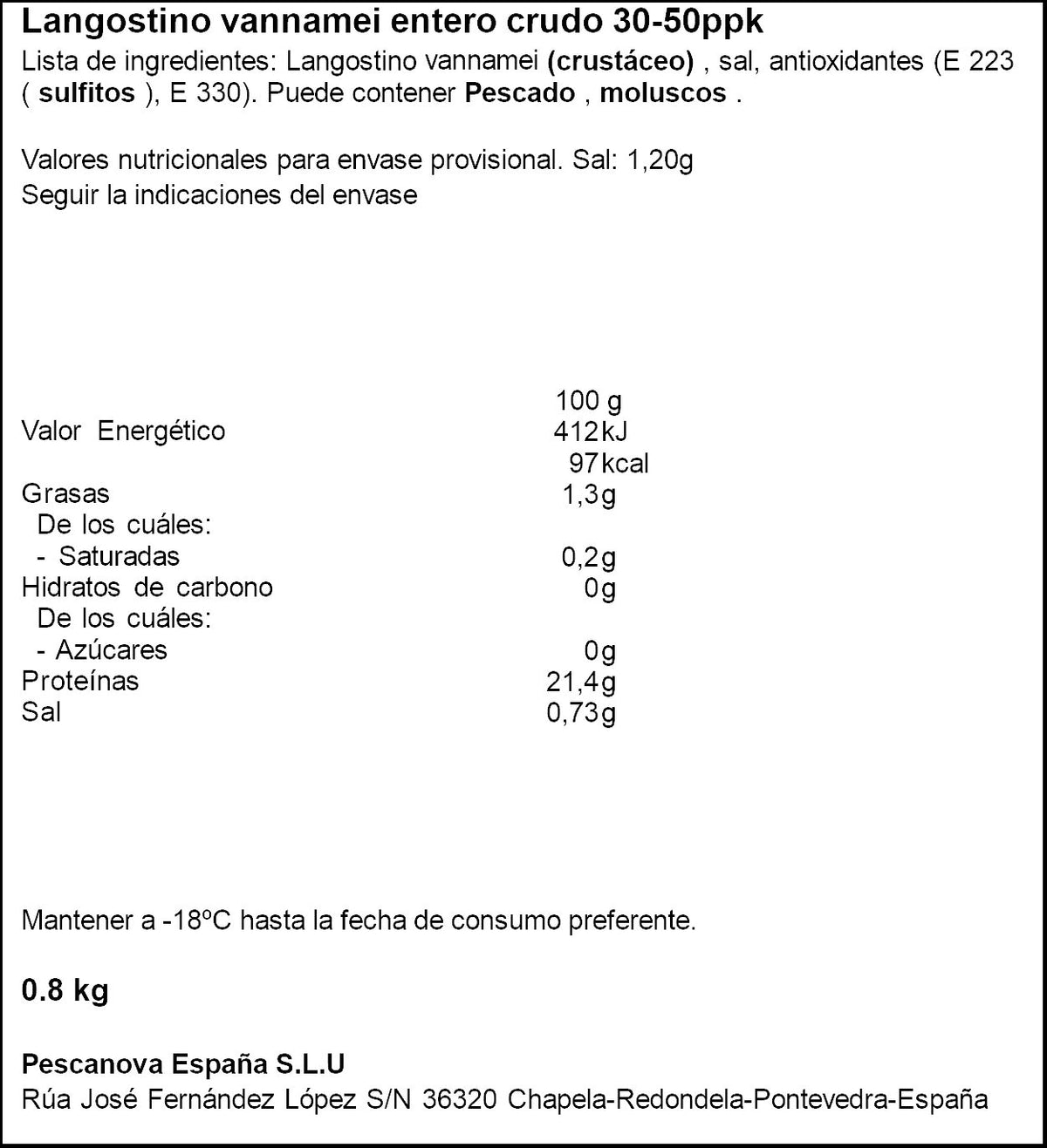 Langostino crudo vanamei 24/40 estuche Pescanova 800g