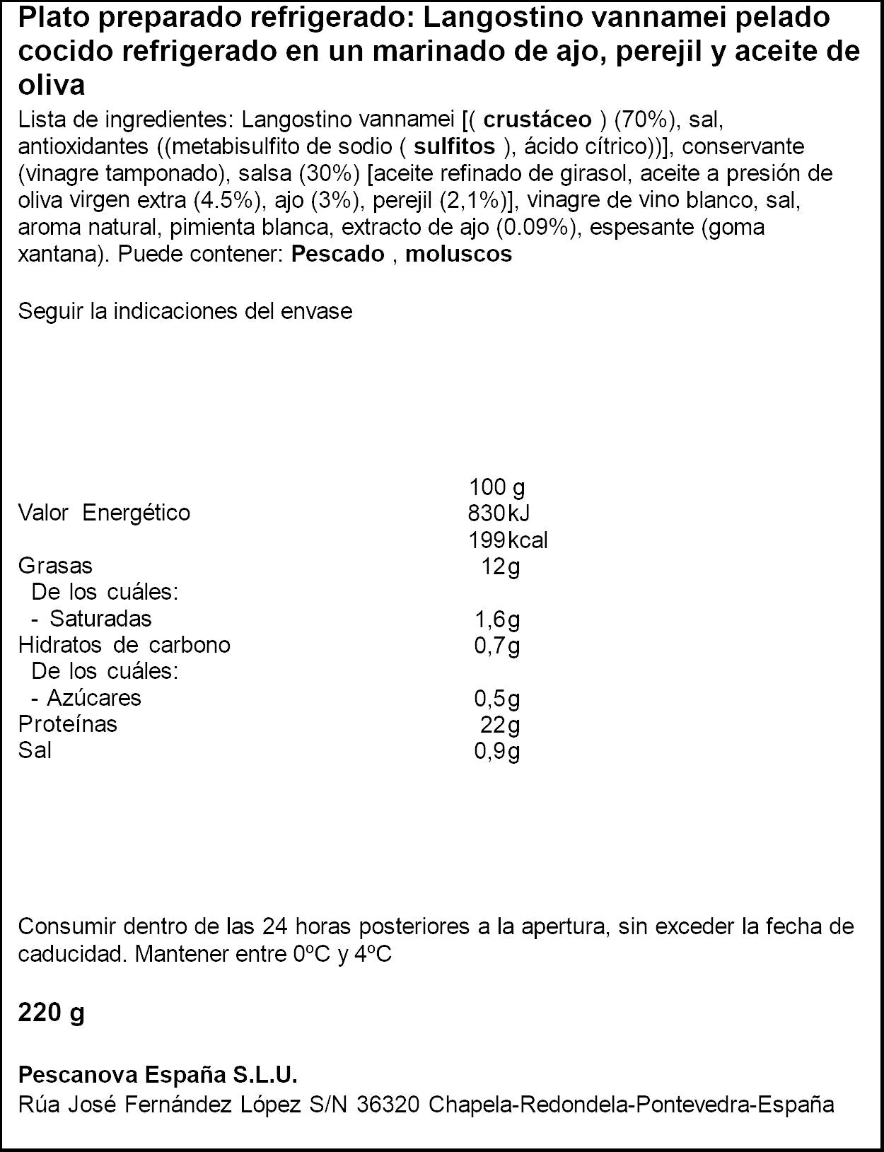 Langostinos salsa ajo/perej/ac.oliva Pescanova 200g