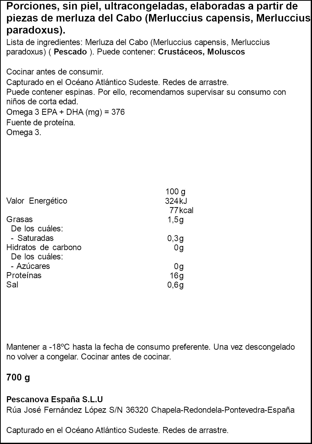 Porciones merluza s/piel Pescanova 700g