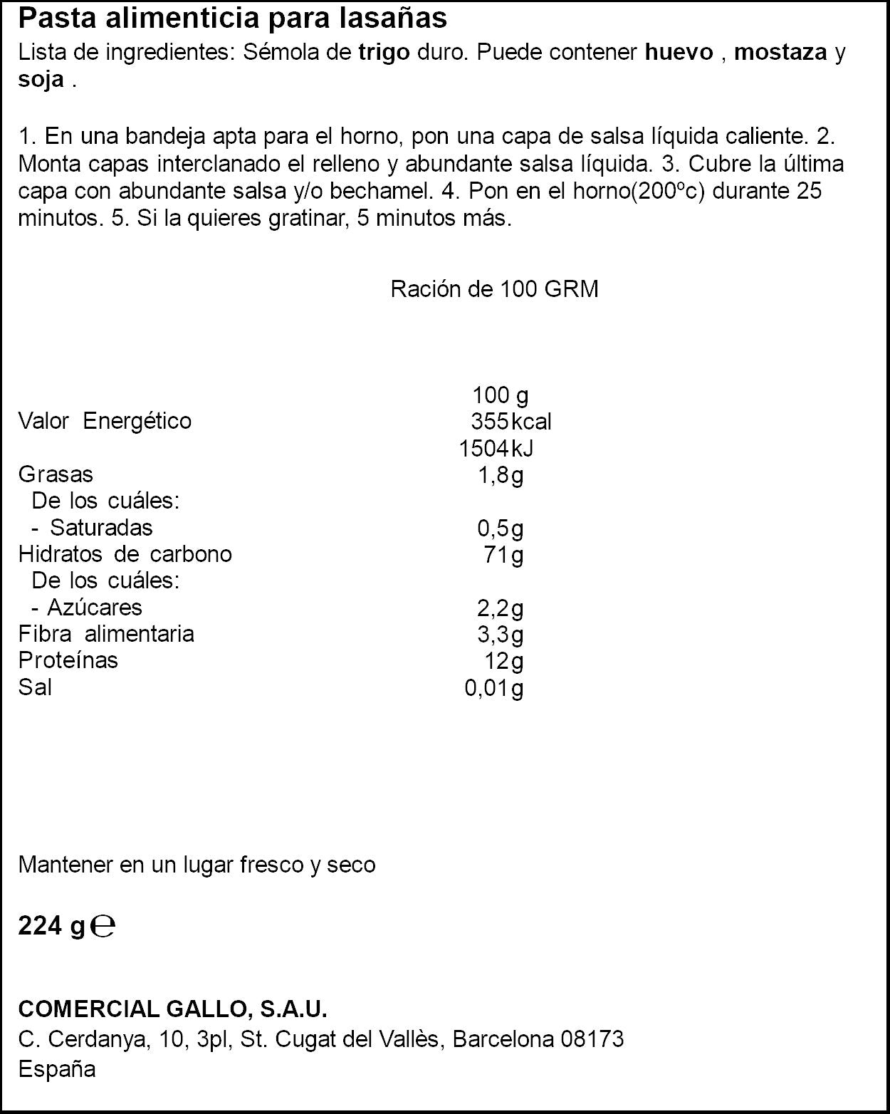 Lasaña precocida directa horno Gallo 224g