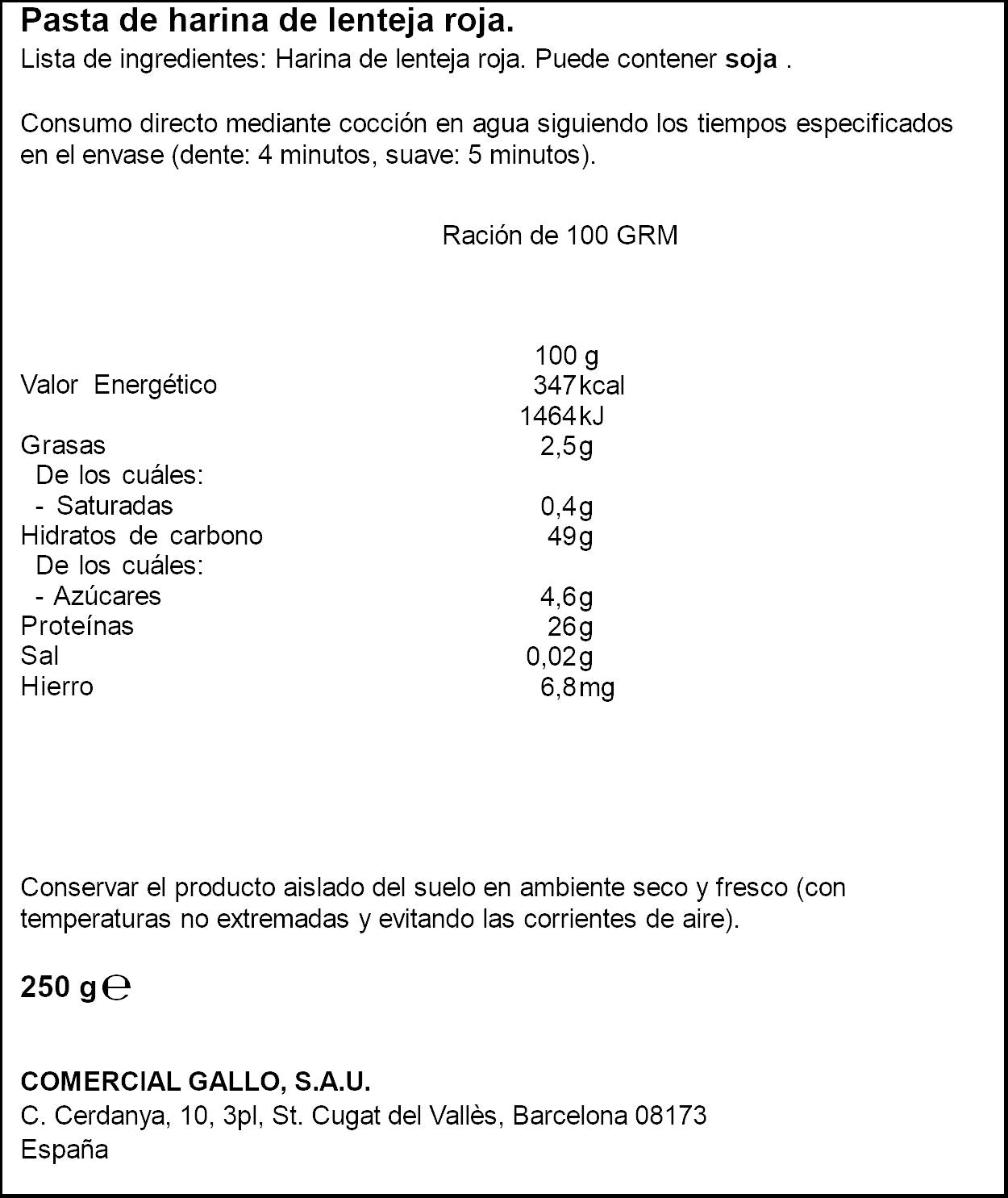 Pasta de legumbre helices de lentejas Gallo nature 250g