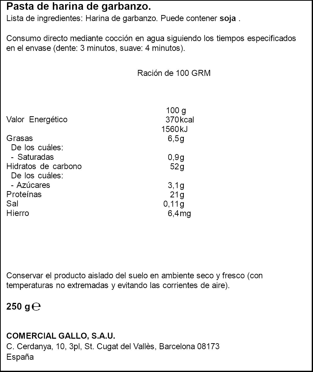 Pasta de legumbre helices de garbanzos Gallo nature 250g