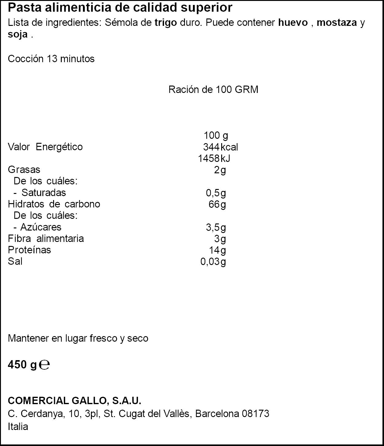 Macarrón plumas al bronce Gallo 450g