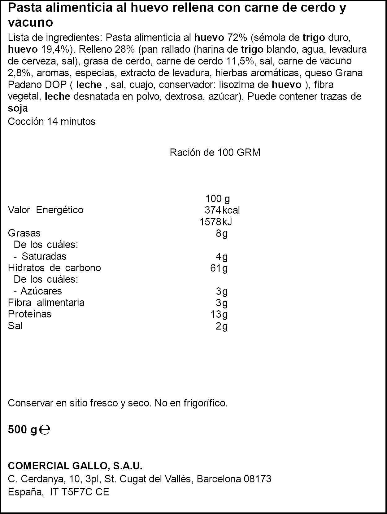 Ravioli relleno carne Gallo 500g
