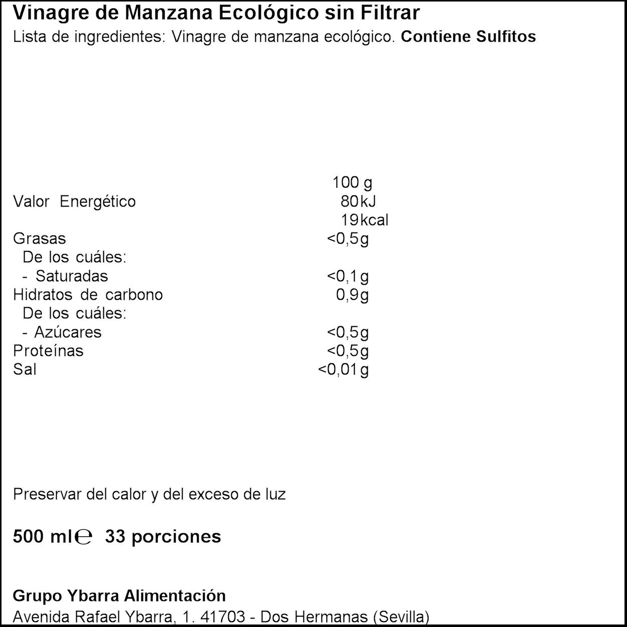 Vinagre manzana c/la madre eco cristal Ybarra 500ml