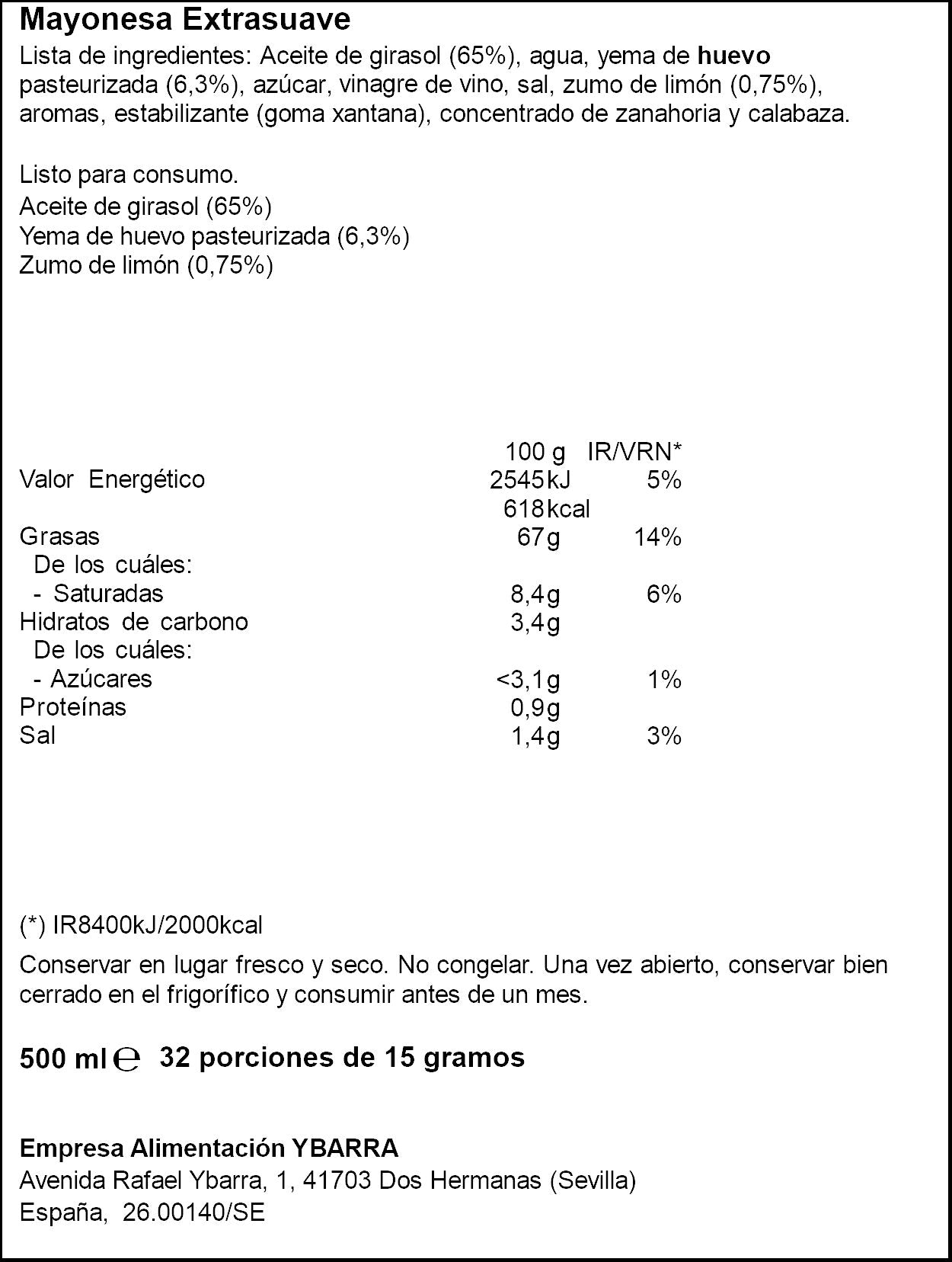 Mayonesa bocabajo Ybarra 500ml