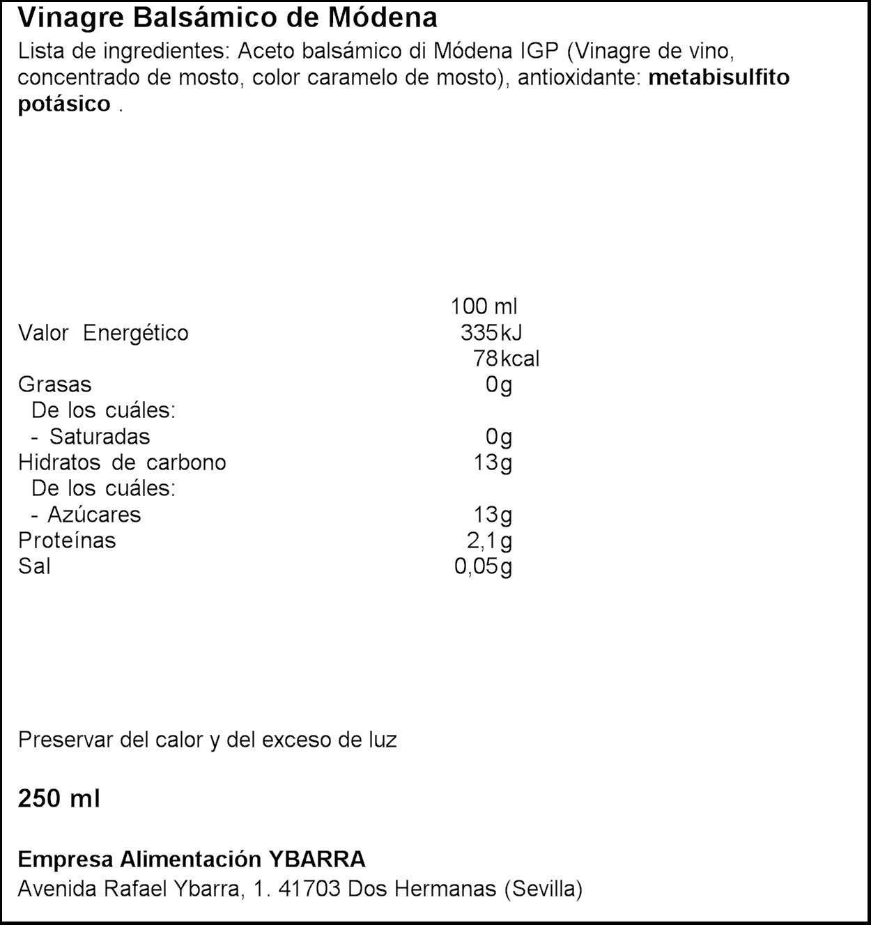 Vinagre modena cristal Ybarra 250ml
