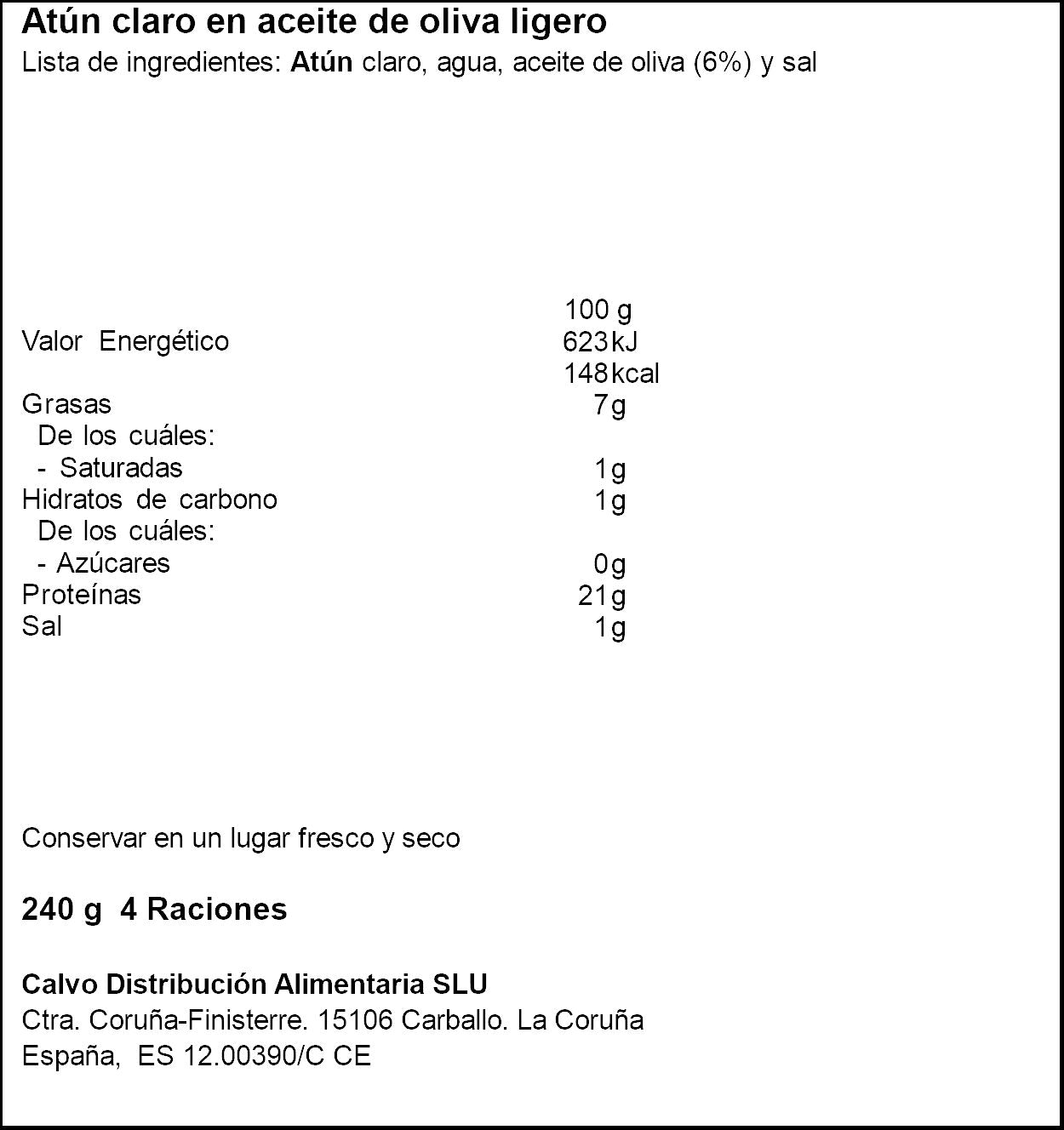 Atun claro aceite oliva ligero lata Calvo p3 +1 56g/u escur