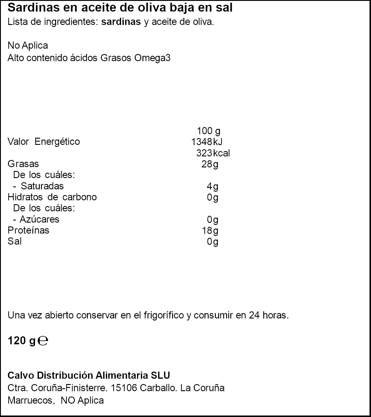 Sardina aceite oliva b/sal lata Calvo 84g escurr