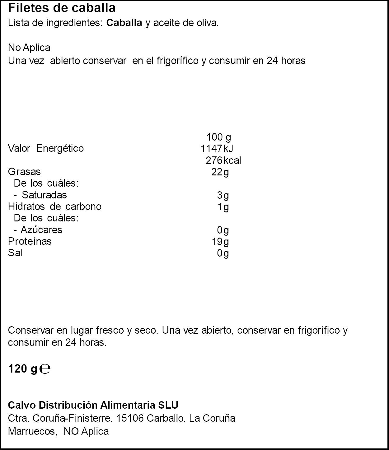 Filete caballa aceite oliva b/sal Calvo 82g escurr