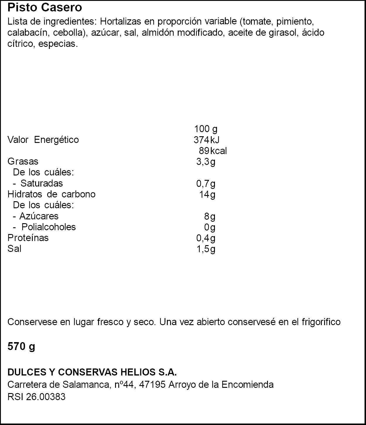 Pisto casero cristal Helios 570g