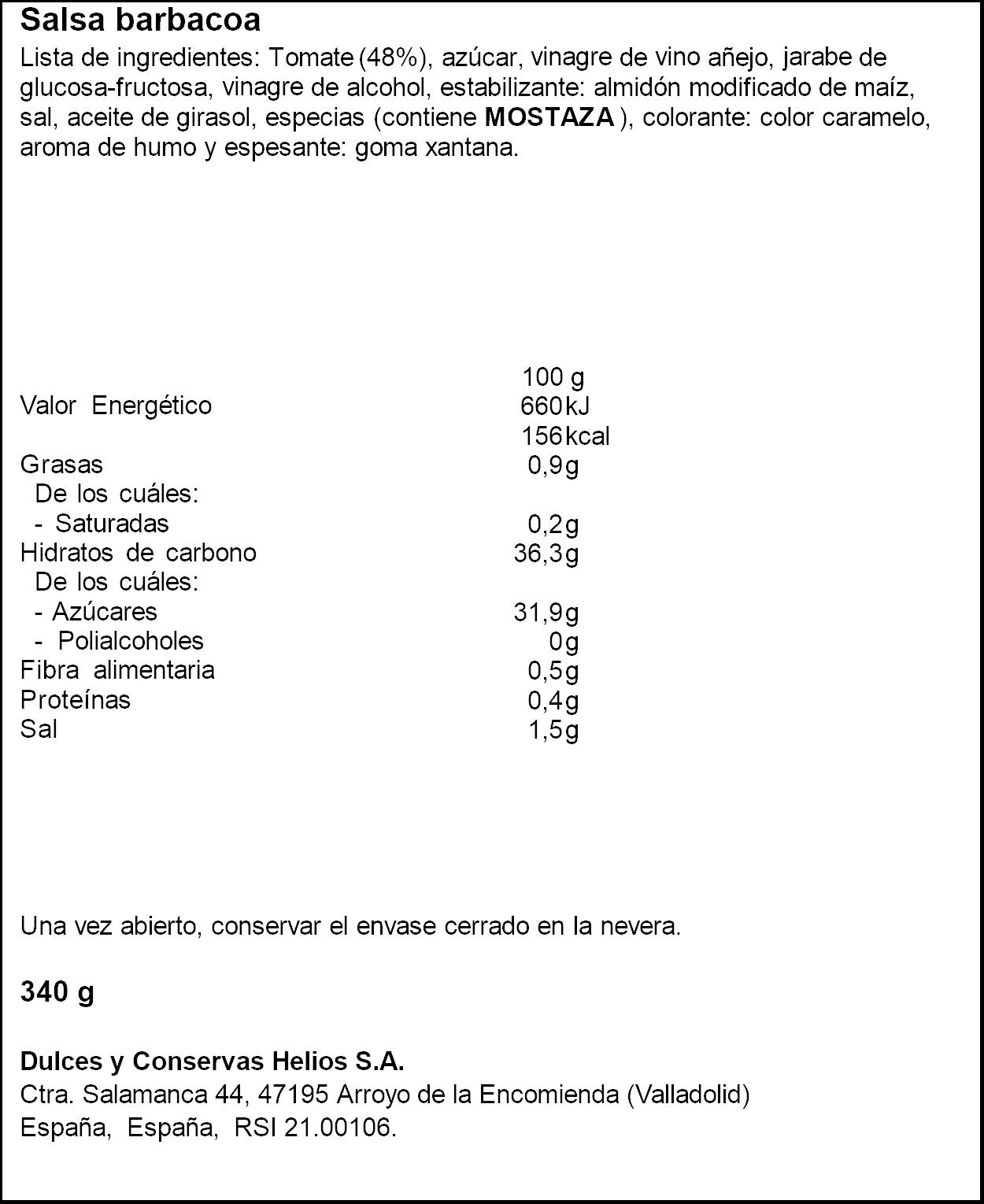 Salsa barbacoa seleccion cristal Helios 340g