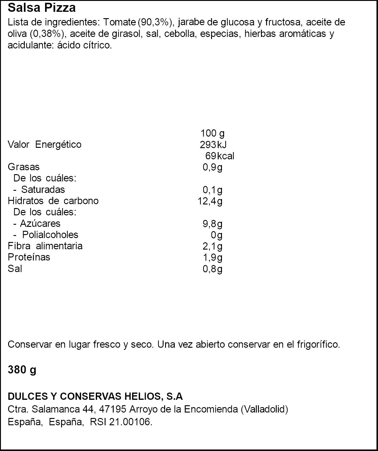 Salsa pizza cristal Helios 380g