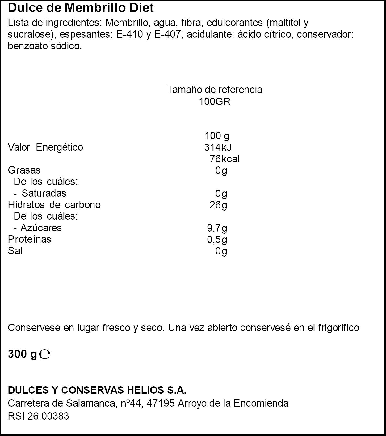 Dulce de membrillo diet tarrina Helios 300g