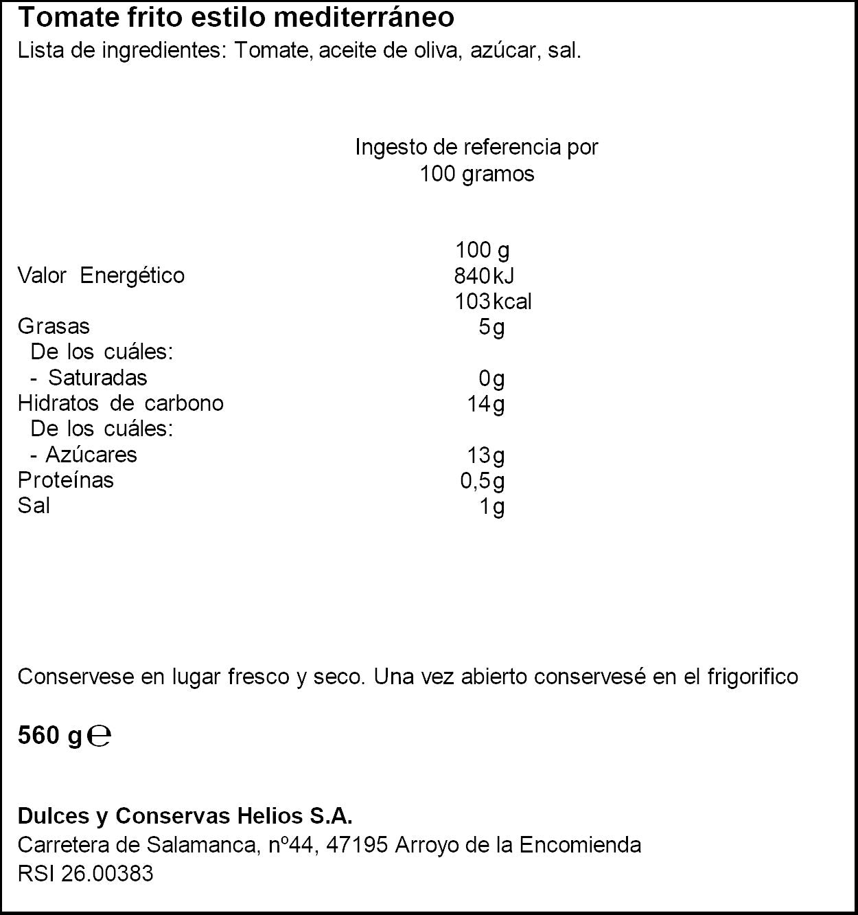 Tomate frito mediterráneo cristal Helios 560g