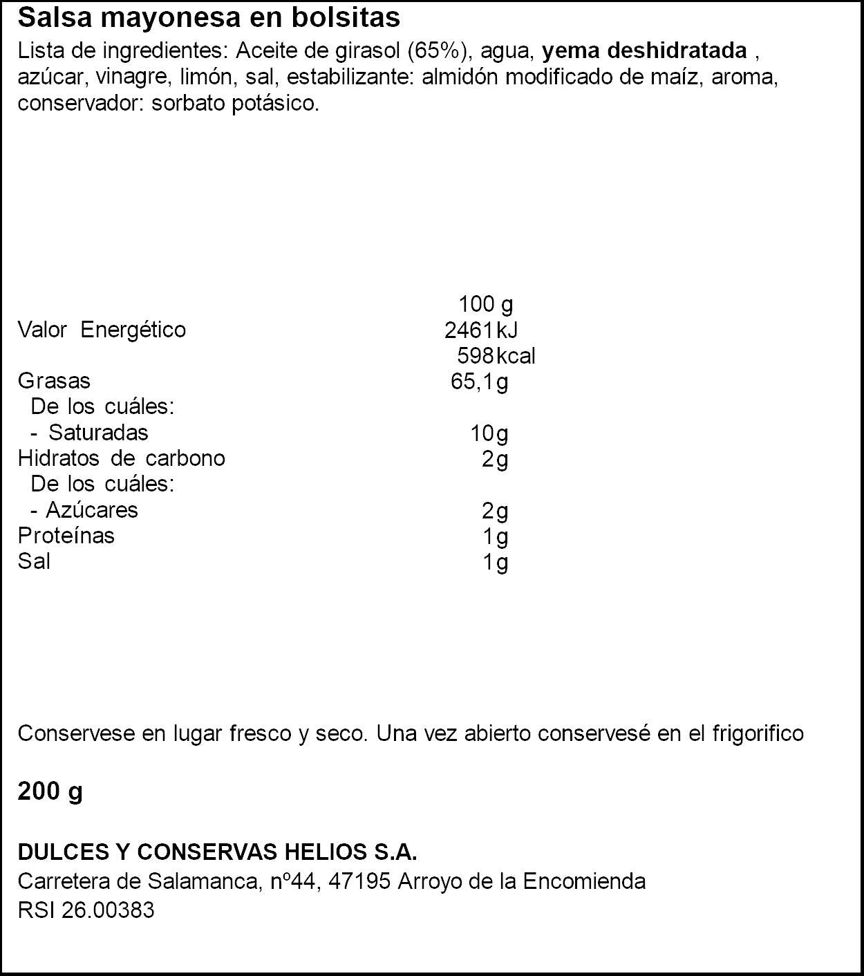 Mayonesa monodosis Helios p20 10g/u