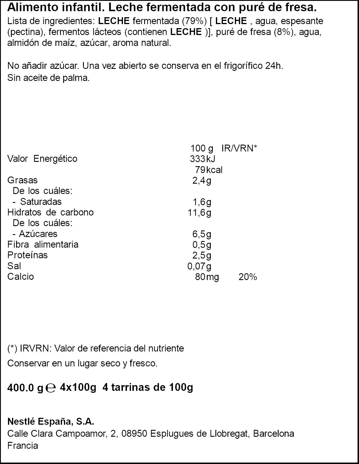 Yogur fresa postre lácteo Nestle p-4 100g