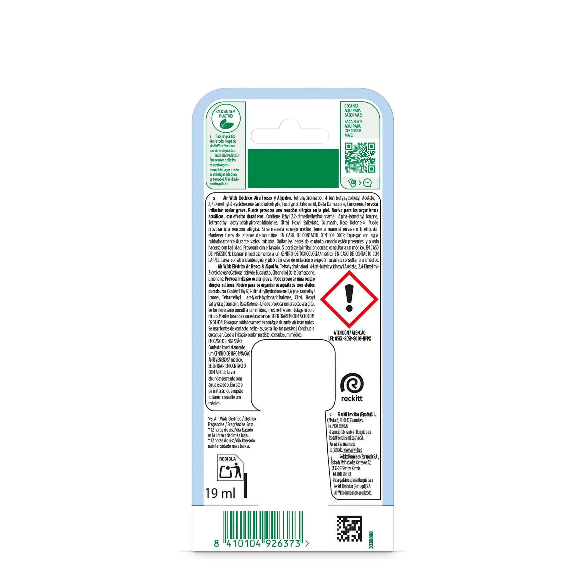 Ambientador eléctrico aire fresco & algodón Airwick 19ml