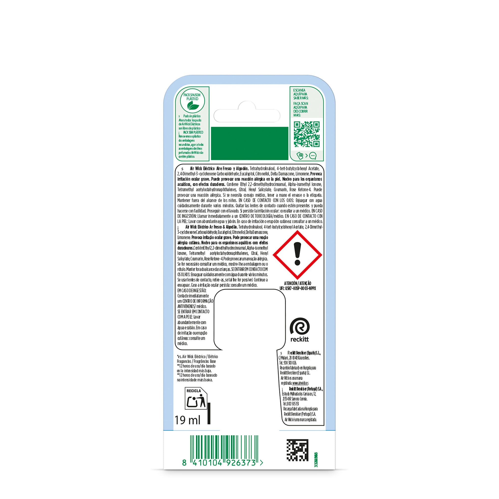 Ambientador eléctrico aire fresco & algodón Airwick 19ml
