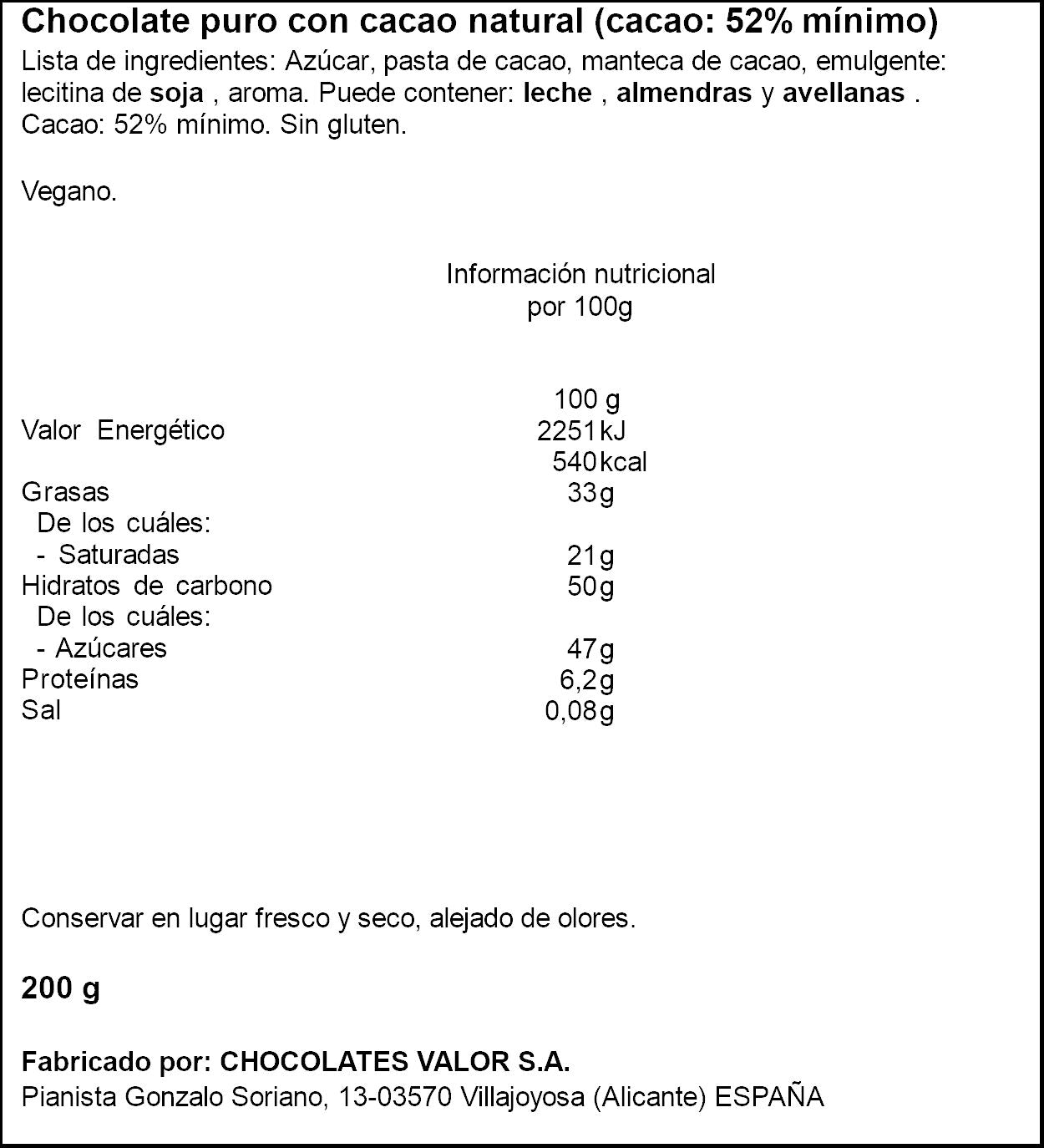 Chocolate puro Valor 200g