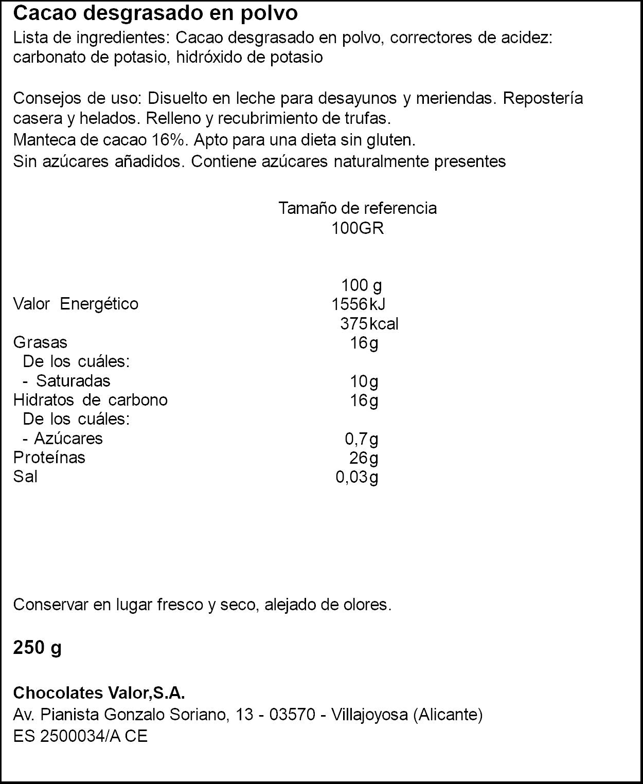 Cacao soluble 0% s/azúcar puro Valor 250g