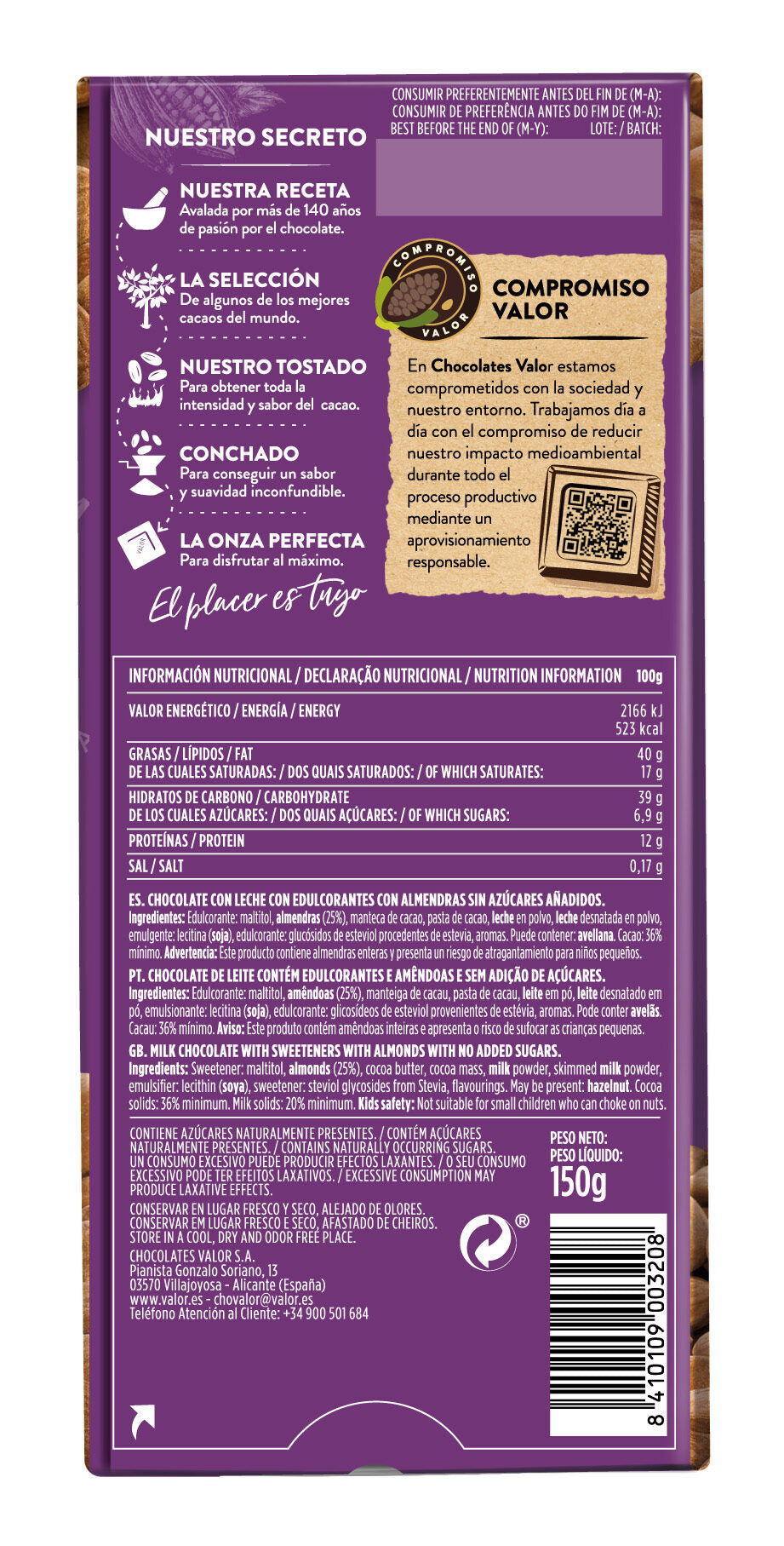 Chocolate s/a leche con almendra Valor 150g